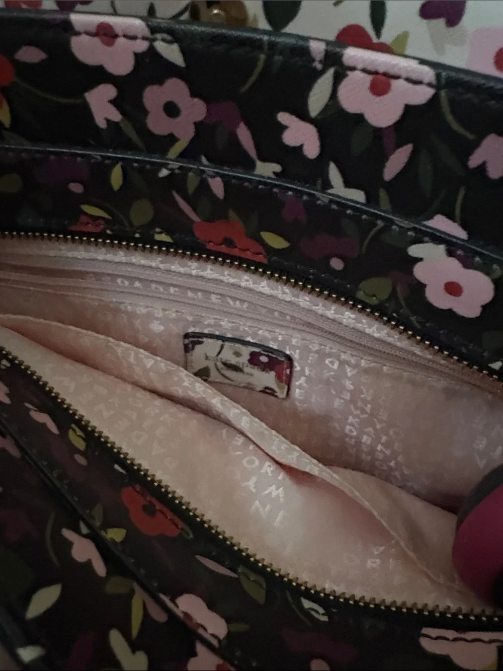 kate spade Black Floral Satchel with Pink and Red Accents